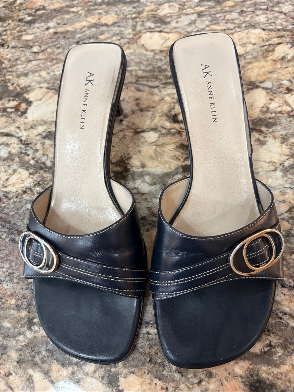 Anne Klein Navy Leather Slide Mules with Gold Buckle Accents